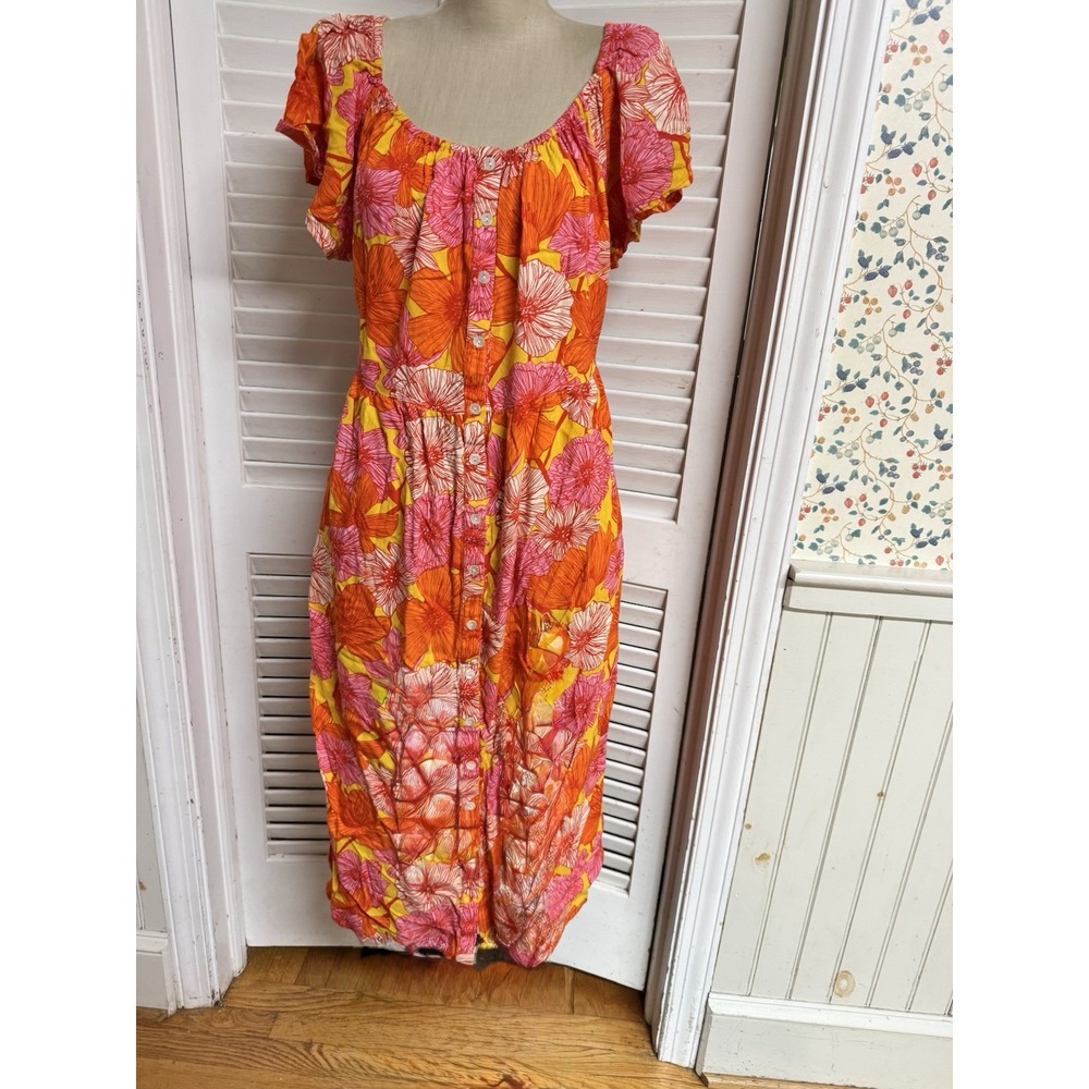 Margaux Riviera Pearl Button Down Floral Poppies Pink Tie Back Dress XL/14 EUC